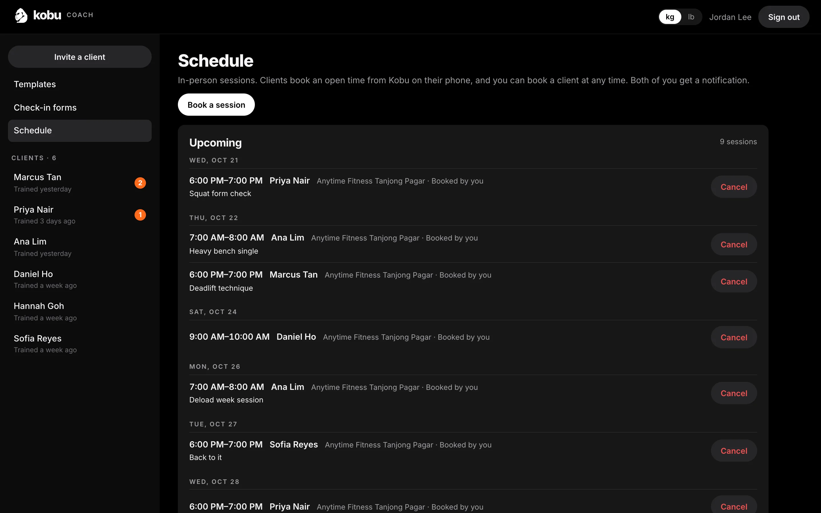 The schedule: booked sessions across every client this week and next