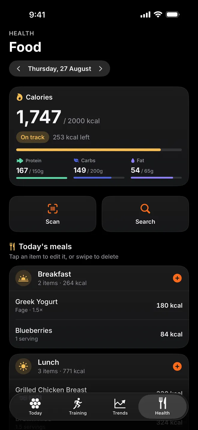 The Food tab: calories and macros for the day, and today's meals