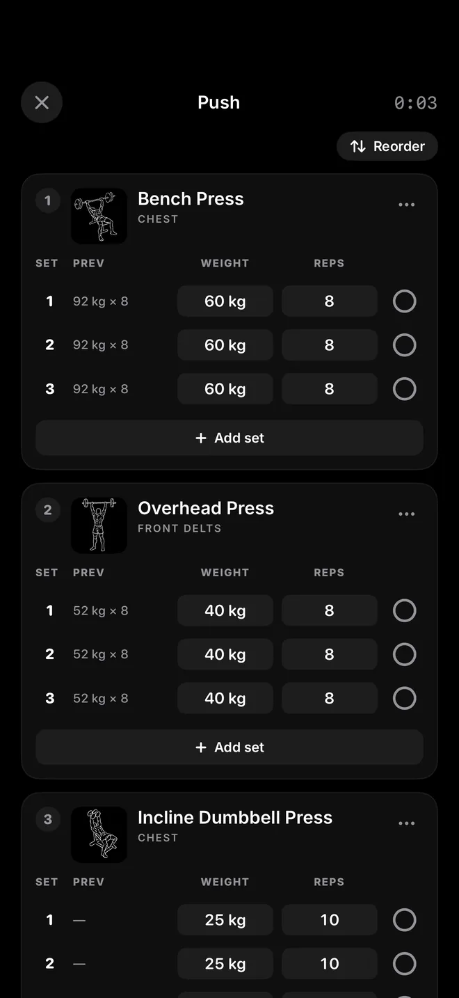 A live push session: bench press and overhead press sets with last time's weights beside each