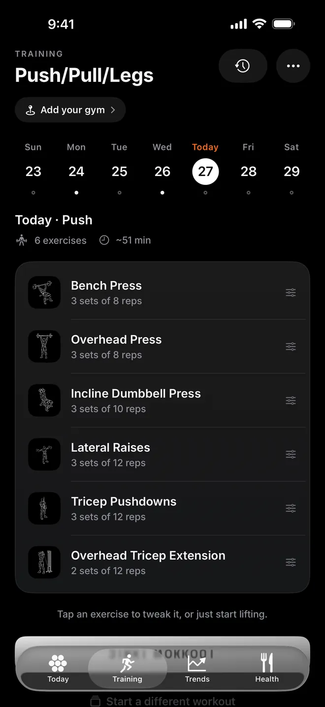 The Training tab: the week strip and today's push session with six exercises